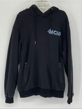 MCM Black Cotton Hoodie Wave Logo Patch Zip Pockets | Size M | Hoodie Only